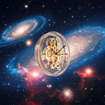 A translucent mechanical clock drifts through a vibrant stellar nebula, its golden gears glowing amidst distant galaxies and cosmic dust, galaxy, starlight, watch