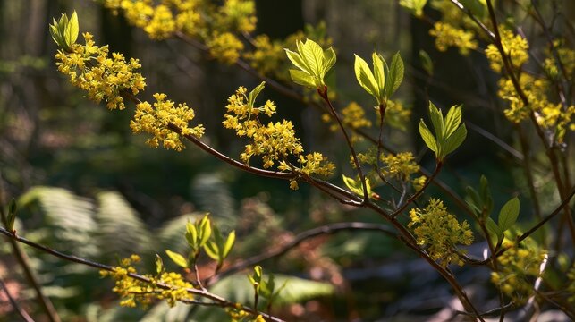 Close-up of spicebush blossoms and new leaves in gentle spring light