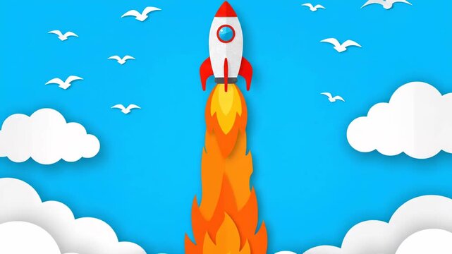 Paper art style rocket launching into the blue sky with clouds and birds