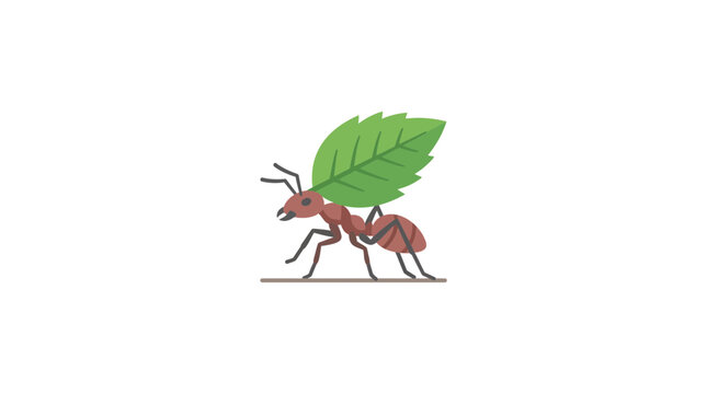 A small red ant carrying a green leaf illustration.