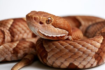 Fototapeta premium Close-up photograph of a copperhead coil demonstrating texture, color variation, and intricate markings