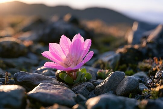 Close-up photograph of a bitterroot flower blooming among rocky alpine soil at dawn