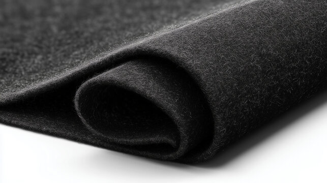 Black felt fabric texture background, soft dark textile material with rolled edge detail.