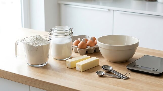 Baking ingredients like flour butter eggs and kitchen tools arranged on a wooden countertop in a bright home kitchen ready for preparing a delicious homemade cake recipe. beginner baking guide