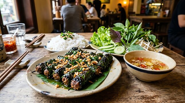 Beef wrapped in wild betel leaves sits on a ceramic plate with dipping sauce and rice noodles.