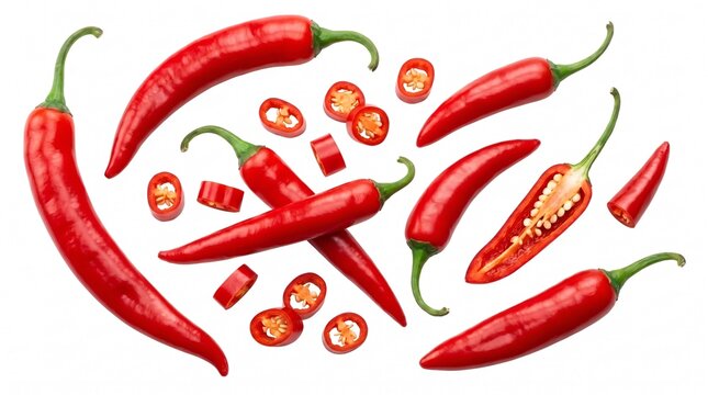 Fresh red chili peppers scattered and whole with green stems on white background for cooking and spice design