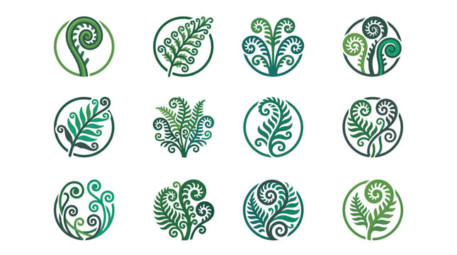Set of decorative green fern leaf illustrations in circular frames.