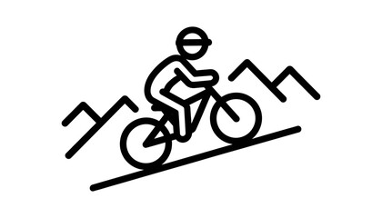 Fototapeta premium Mountain biking minimal outline line art vector icon showing cyclist riding uphill on trail background template