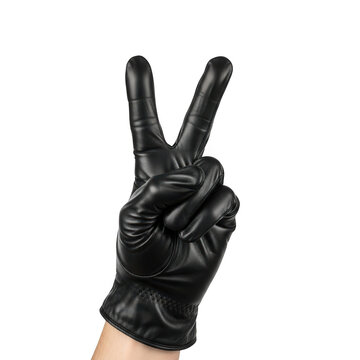 Person making peace sign with black glove