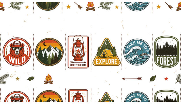  Outdoor camping and wilderness adventure vintage badge vector seamless pattern including mountain forest bear and tent designs.