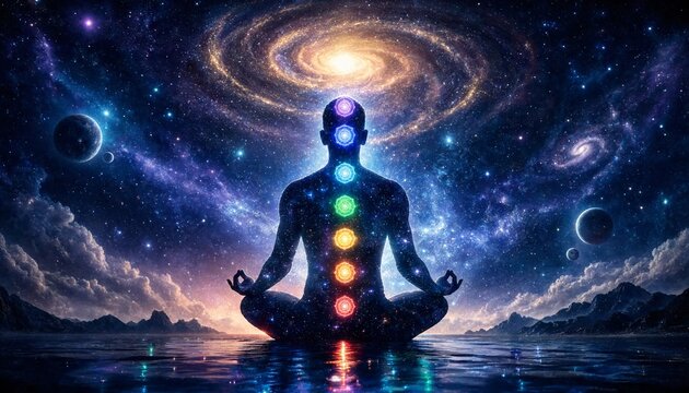 Silhouette meditating with glowing chakras under spiral galaxy and cosmic energy aura