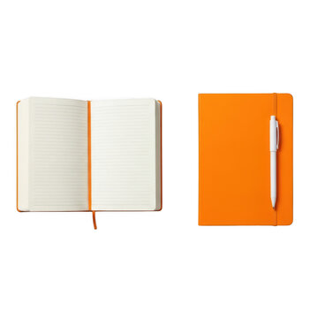 Open orange notebook with pen on blank page