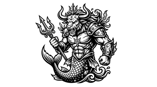 Mythical Minotaur Merman Holding Trident, Fierce Sea Creature Illustration