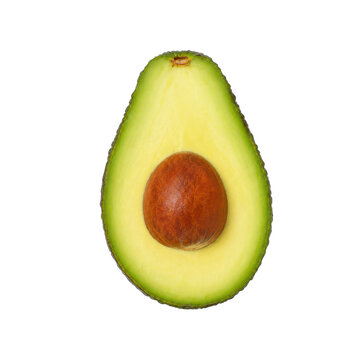 Fresh ripe green avocado half with a large brown pit, showcasing vibrant yellow-green flesh on a clean white background