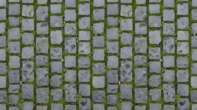 Flatlay cobblestone pavement texture with square grey stones with green moss between the stones