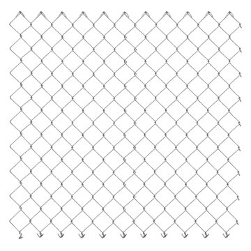 Full frame of a shiny metal chain link fence with diamond-shaped openings, isolated on a clean white background