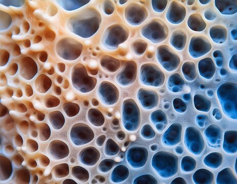 abstract macro shot of an organic porous structure resembling sea foam or a bone like honeycomb pattern the design features soft blue and warm beige tones with intricate cellular details