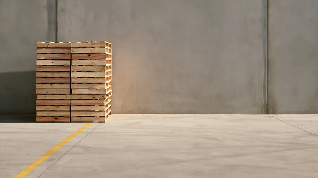 Timber pallets stacked in a column in an empty warehouse yard