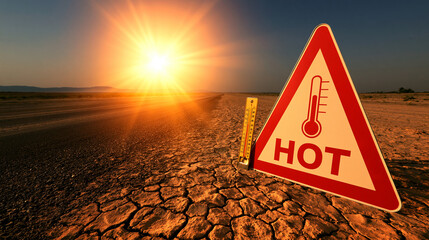 Obraz premium A hot warning sign and thermometer standing on dry cracked earth under a blazing summer sun. Represents climate change and extreme global warming issues.
