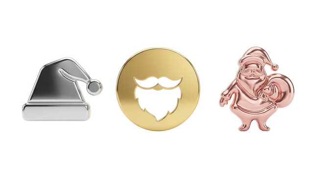 Festive christmas icons set featuring santa hat beard emblem and cheerful santa claus character in three metallic styles
