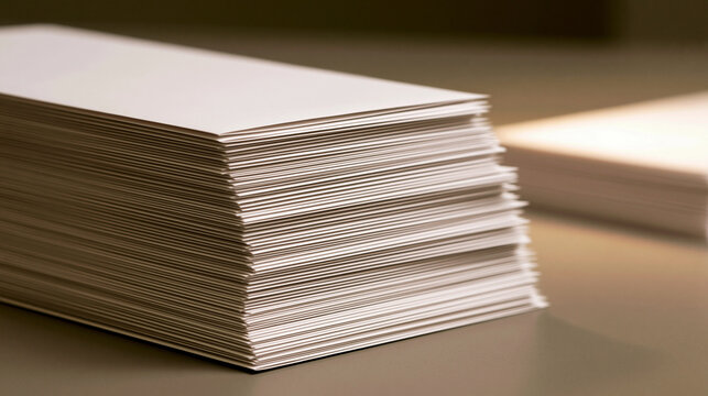 A neat stack of white paper sheets sits on a dark desk surface. This stationery supply represents professional office productivity and document organization concepts.