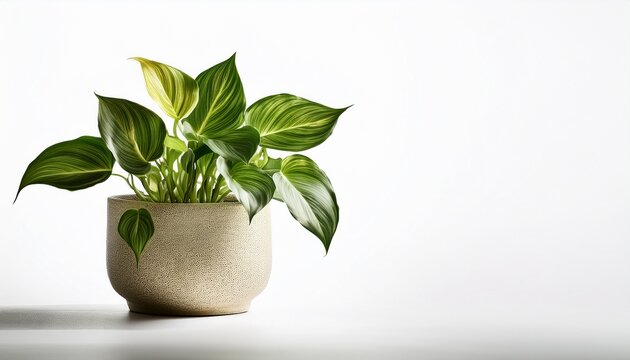 golden pothos houseplant in a minimalist ceramic pot isolated on white background
