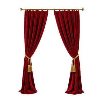 Elegant red velvet theater curtains, tied back with golden ropes and tassels, hang from a polished brass rod against a clean white background