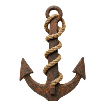 Heavily rusted old metal anchor with a thick brown rope wrapped around its shank, isolated on a clean white background