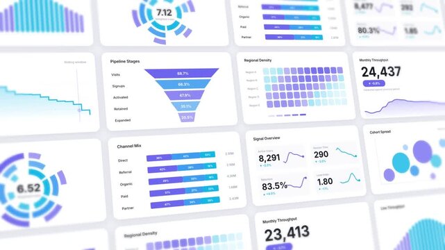 Business analytics dashboard grid on light background, animated infographic charts, data visualization panels, seamless looping corporate metrics and market performance statistics interface
