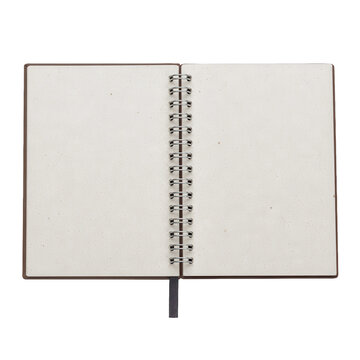 Open spiral-bound notebook with blank textured pages and a dark blue bookmark, viewed from above on a white background