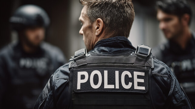 Police officer in tactical gear with back patch standing with team during operation