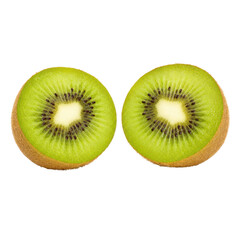 Fototapeta premium Two vibrant green kiwi halves with visible seeds and fuzzy brown skin are perfectly isolated on a clean white background