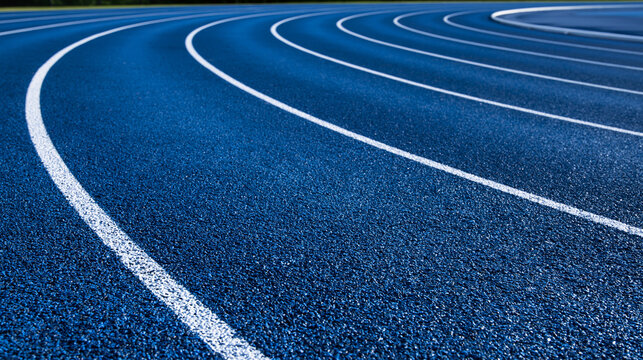 A high angle view of blue athletic running track lanes showing curved white lines. This energetic sport background represents training and competition success.