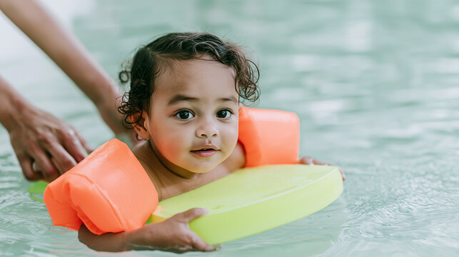 Young child with curly hair wearing orange floaties holds onto a green pool float while being supported by an adult in a swimming pool setting