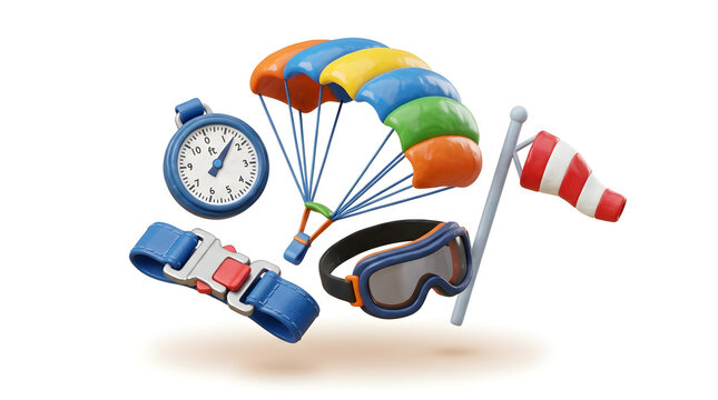 3D icon of a parachute canopy, an altimeter, goggles, a harness buckle, a wind sock, isolated on white background in glossy clay material and soft rounded shapes