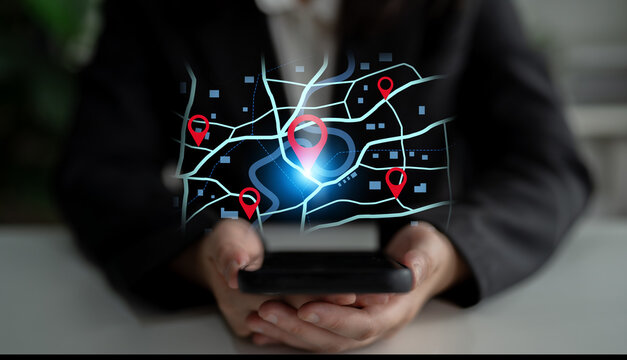 Concept of location tracking and GPS navigation. Map with pins marking a destination and points of interest for travel, delivery routes, or finding a specific address. Fermion
