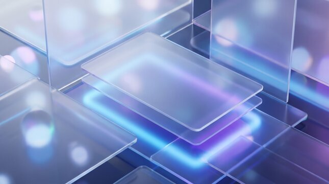 Futuristic abstract background showcasing multiple overlapping transparent glass-like plates with glowing blue and purple neon outlines, creating a sense of depth and advanced technology.