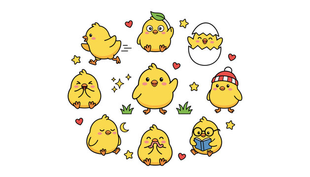 Cute Easter Chick Vector Character Collection Featuring Little Yellow Chicks Hatching Running Reading Wearing Beanie Hat and Eating Worm Graphic Elements