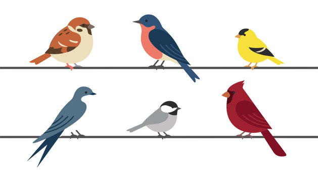 North American Backyard Songbirds Vector Set with Bluebird Goldfinch Sparrow Chickadee and Cardinal Birds Perched on a Wire Graphic Design Elements