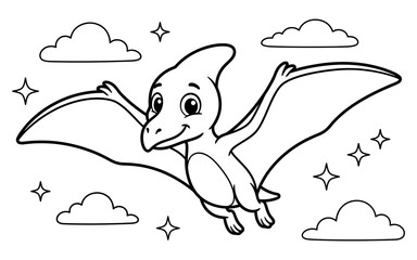 Cute flying pterodactyl dinosaur with clouds and stars coloring page vector illustration, pterodactyl. © emon17201