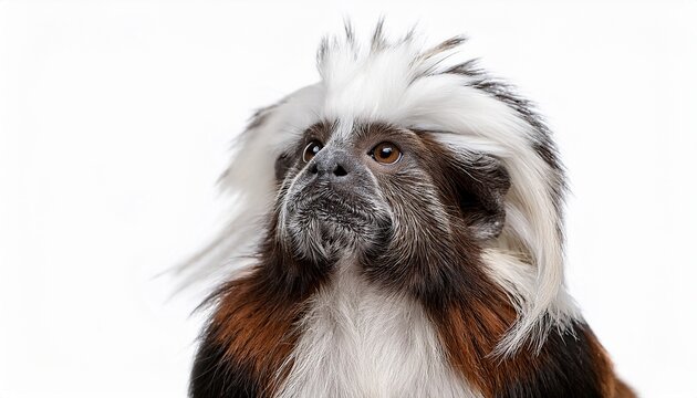cute cottontop tamarin with distinctive white crest and brown mottled fur looks upwards on a clean white background