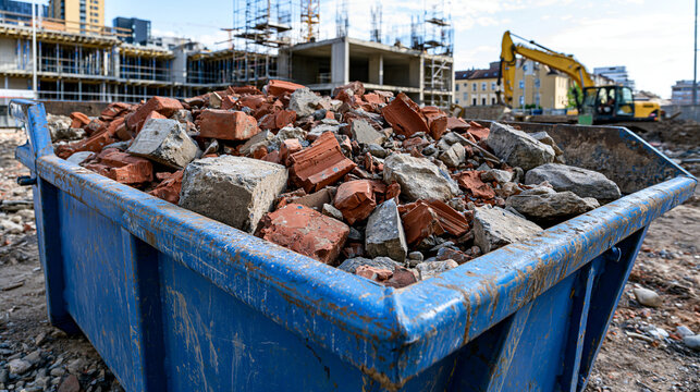 A large blue metal dumpster filled with construction debris and broken bricks at a building site. Concept of renovation, waste management, and urban development.