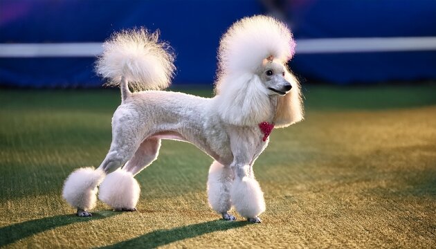 white show poodle with continental cut pom poms on legs and tail elegant grooming competition background