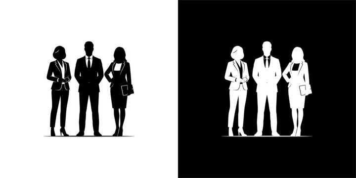 Silhouette of three business people standing together, two women and one man in suits, isolated on a white background