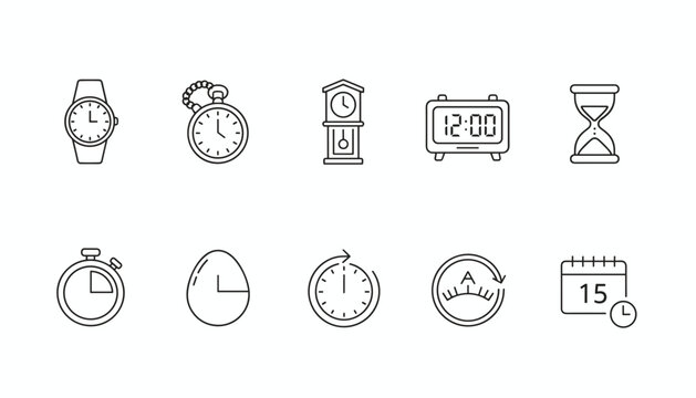 Collection of clock and time line icons representing watch, pocket watch, grandfather clock, digital timer, hourglass, and calendar.