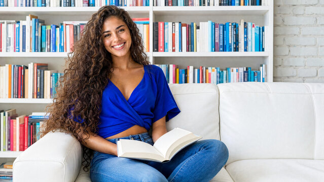 A young woman with long, curly hair sits on a couch in front of a bookshelf, reading a book and smiling.