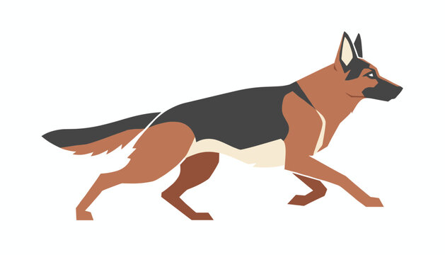Beautiful graphic vector illustration of an active German Shepherd dog in mid run on a solid white background.