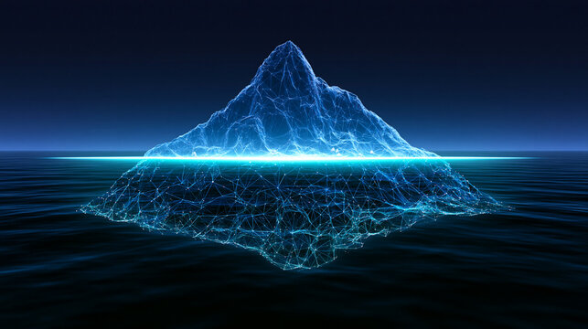 A glowing blue digital iceberg made of wireframe mesh floats in dark water. Symbolizing hidden data, risk assessment, or cybersecurity threats in business.