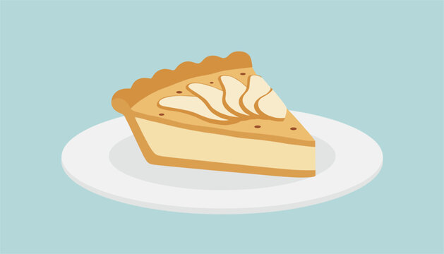 Delicious slice of baked apple pie garnished with fresh apple slices and served on a white plate over a calm light blue background.