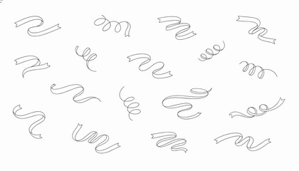 Fototapeta premium Collection of diverse black outline party ribbons and swirling confetti curls scattered across a clean white background.